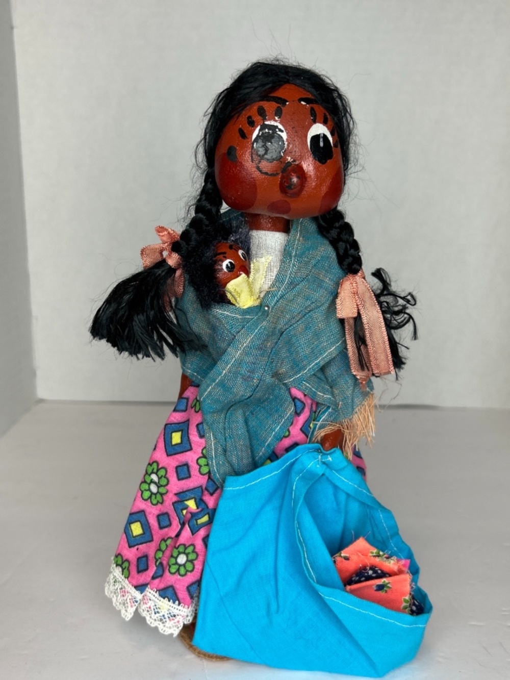 VTG Mexican Doll Mother w / Papoose Child Peddler Folk Art Handmade Rare 10"